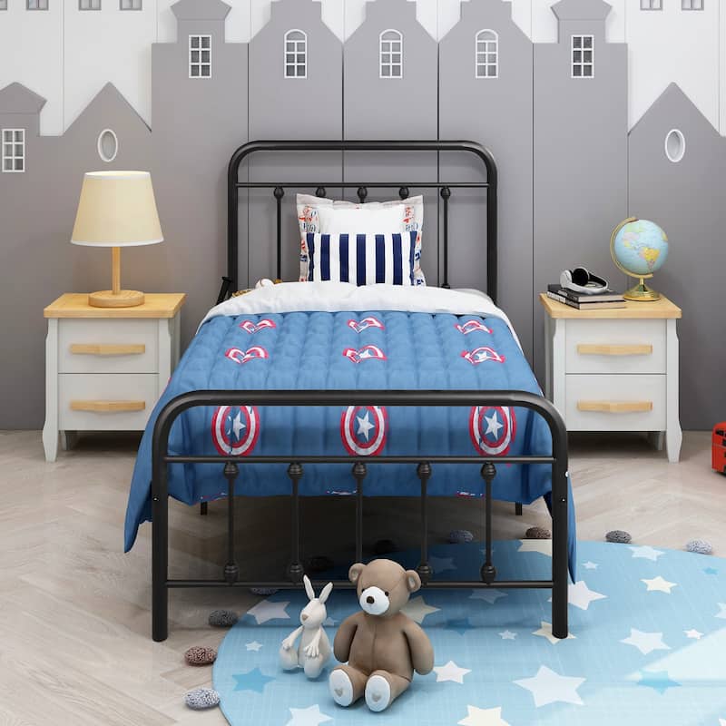 Victorian Style Metal Platform Bed Frame with Iron-Art Headboard Footboard, Under Bed Storage, No Box Spring Needed, Noise Free