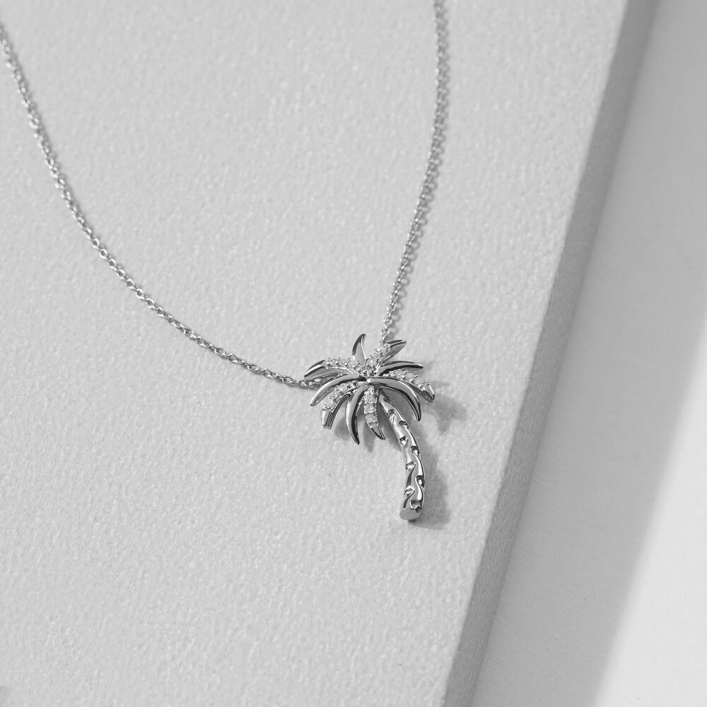 1/20ct Diamond Accented Palm Tree Pendant Necklace in Silver for Women