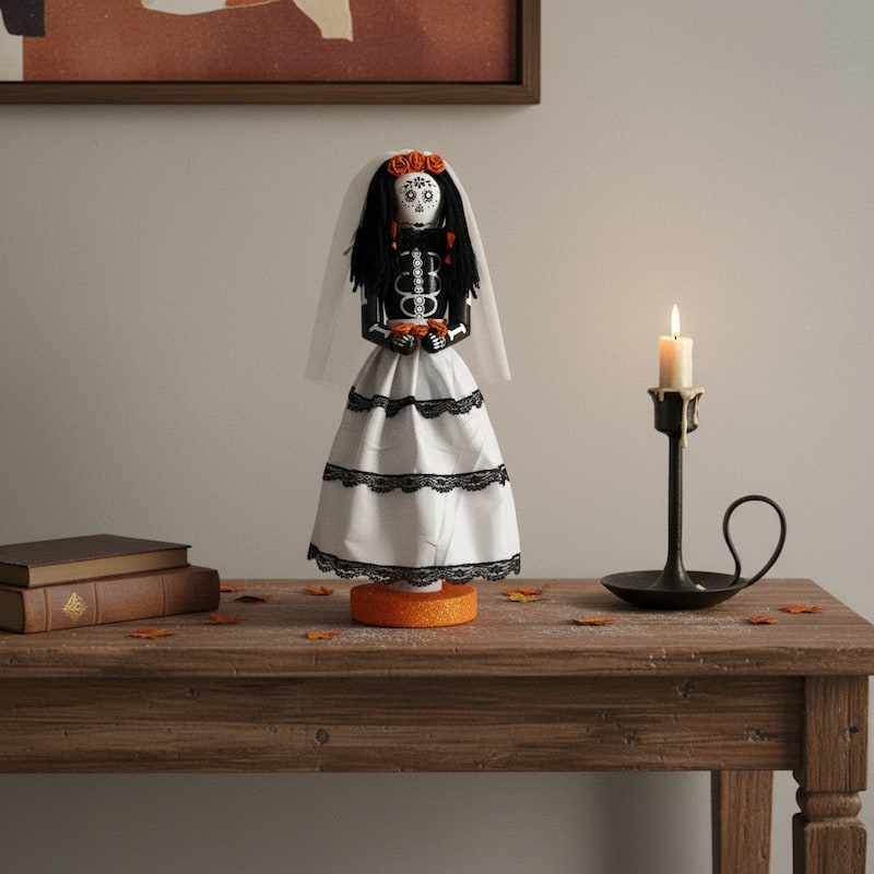 HomeRoots 14" Black And White Fabric And Solid Wood Halloween Woman Nutcracker - 5.00 in. x 14.00 in. x 5.00 in. - 5.00 in. x 14.00 in.  x 5.00 in.