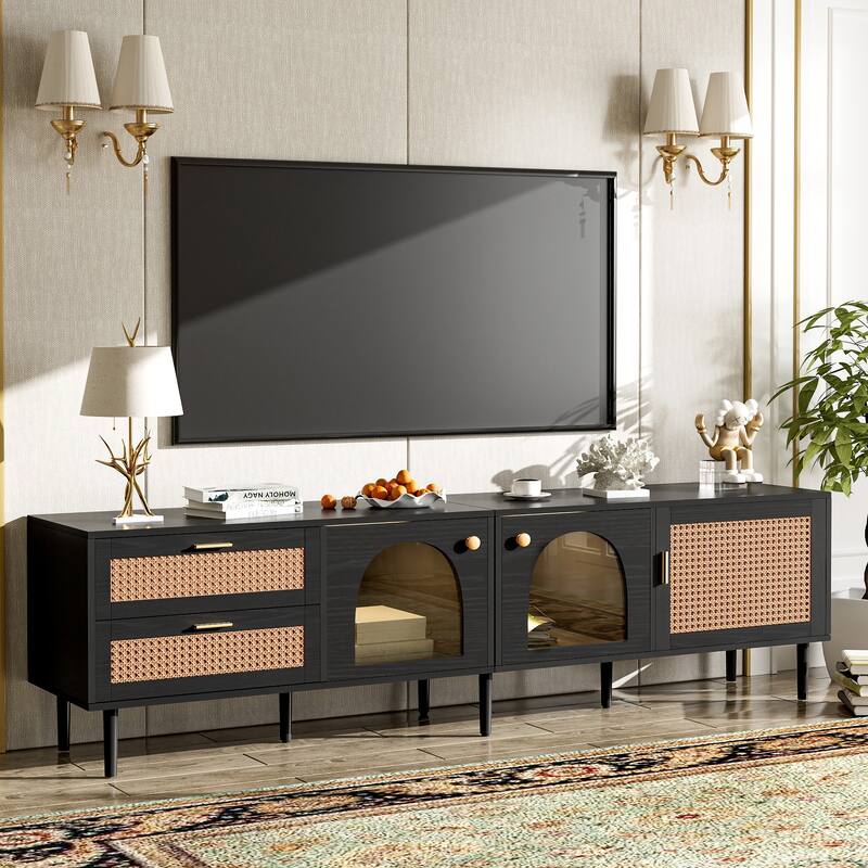 Modern Media Console with Rattan Design, LED Lights & Storage for TVs up to 80" - Living Room & Bedroom TV Stand