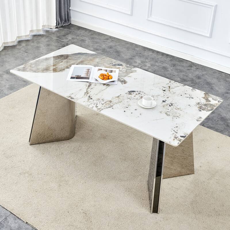 Roomfitters Rock Slab Dining Table with Pandora Pattern and Silver Stainless Butterfly Legs for Modern Interiors - Marble+Silver