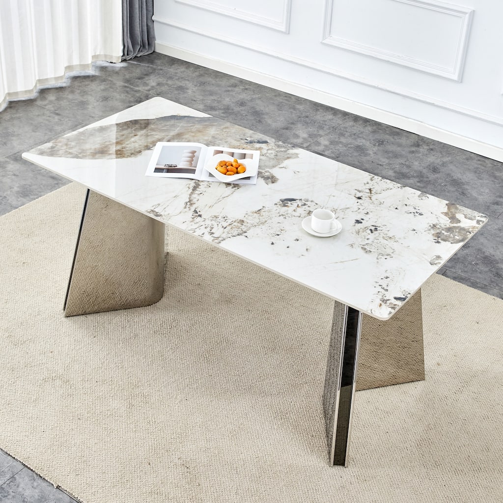 Roomfitters Rock Slab Dining Table with Pandora Pattern and Silver Stainless Butterfly Legs for Modern Interiors