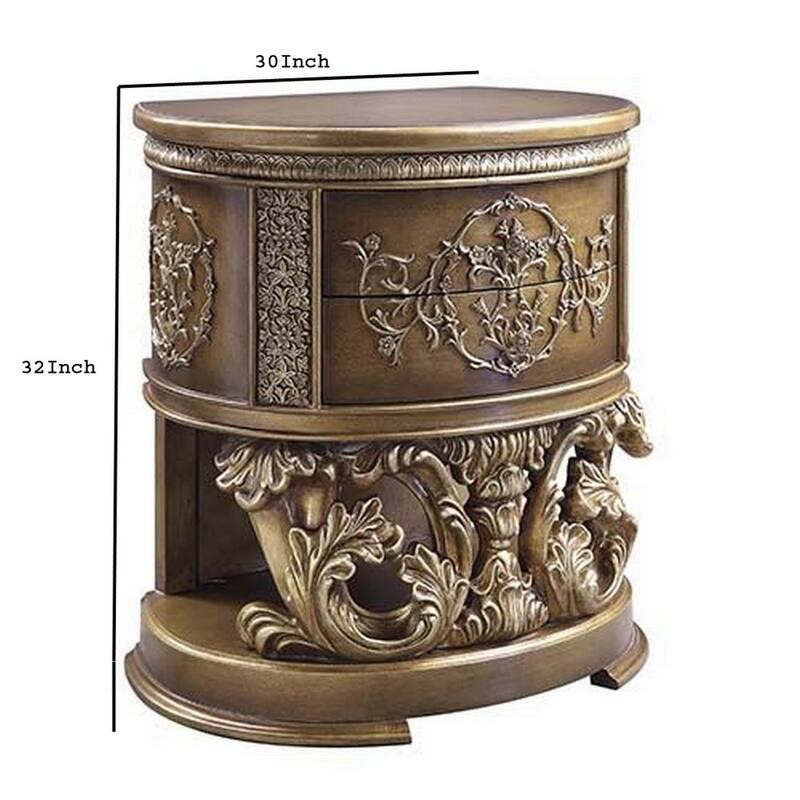 Nightstand with Scrolled Carvings and Half Moon Shape, Antique Gold