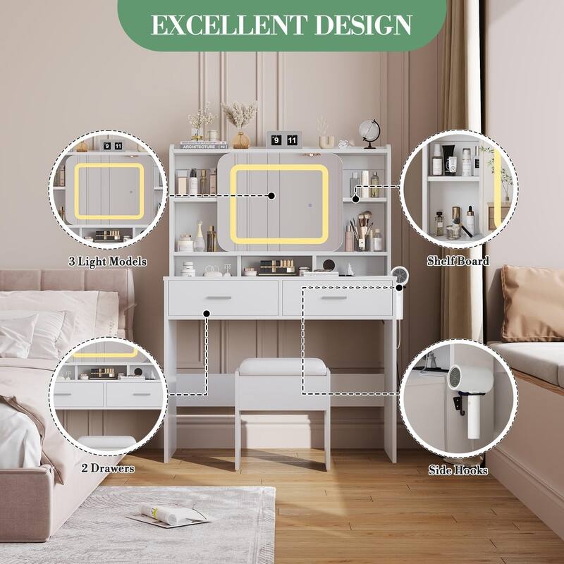 Vanity Desk with LED Mirror and Stool, Drawers, Storage Shelves, Charging Station