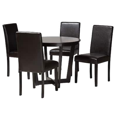 Modern 5-Piece Dining Set - Dark Brown Faux Leather & Wood Table & Chairs