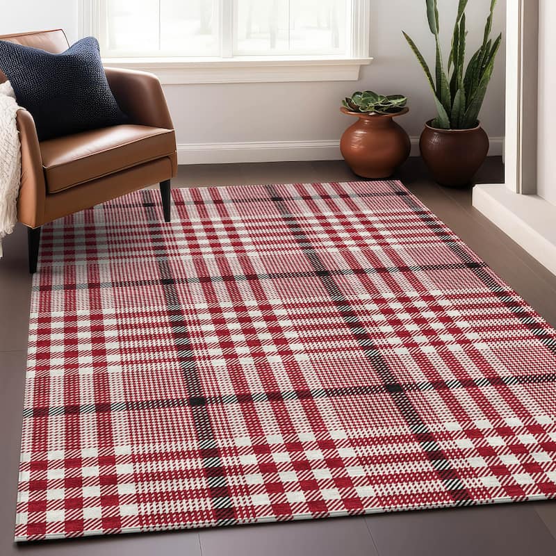 Machine Washable Indoor/ Outdoor Plaid Chantille Rug - Red - 3' x 5'
