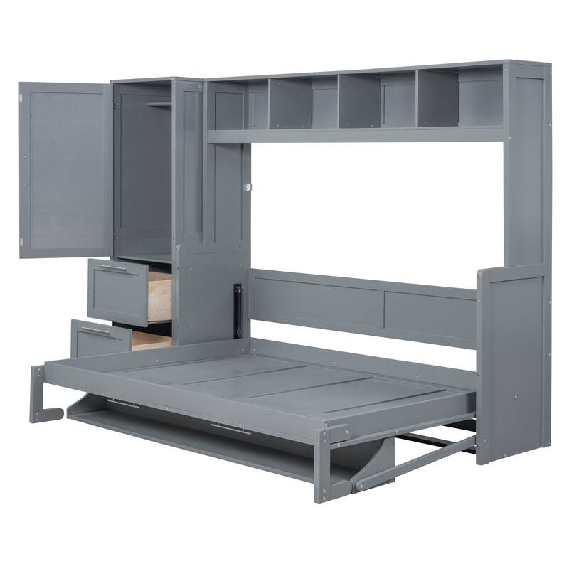 Modern Full/Queen Size Murphy Bed Wall Bed with Closet and Storage Drawers, Space-Saving Foldable Murphy Bed Frame with Shelves