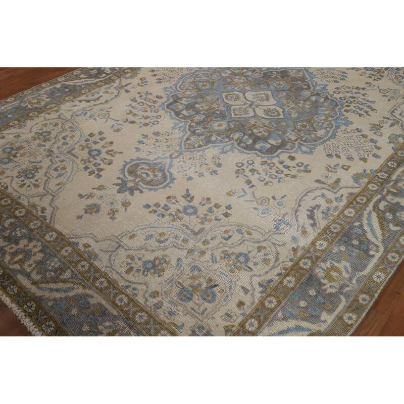 Tabriz Persian Area Rug Handmade Beige Wool Carpet - 6'7"x 9'8"