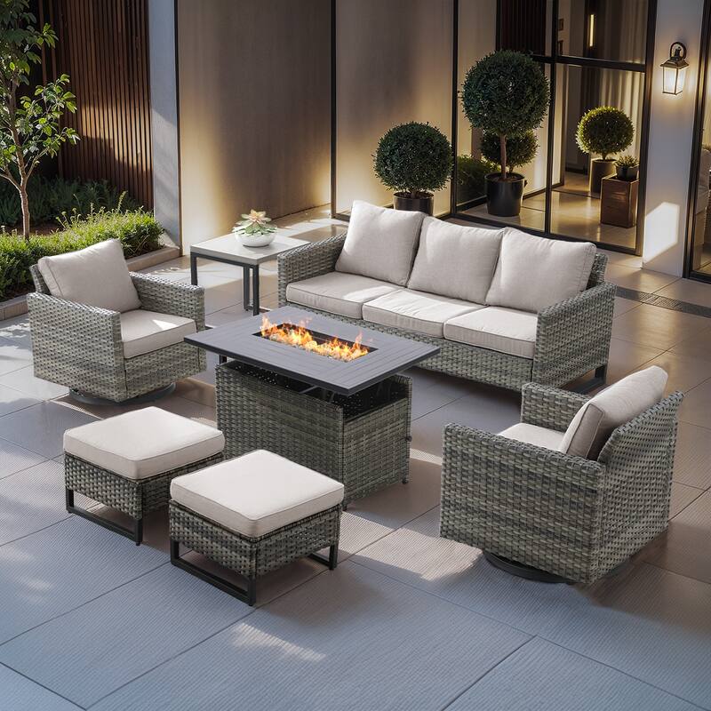 Outdoor Grey Wicker Fire Pit Table with Patio Funiture Sets - Beige Cushion - Grey Wicker Sofa Set w/ Grey Wicker Fire Table
