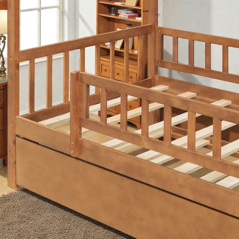 Twin/Full Wooden House Bed with Twin Trundle, Kids Platform Bed Frame with Roof Design, Solid Pine Wood