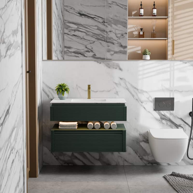 Modland 36" Modern Wall-Mounted Bathroom Vanity with Engineered Stone Countertop & Ceramic Undermount Sink