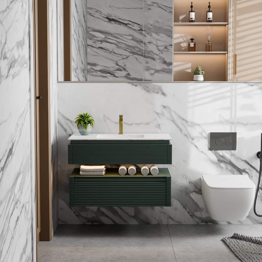 Modland 36" Modern Wall-Mounted Bathroom Vanity with Engineered Stone Countertop & Ceramic Undermount Sink