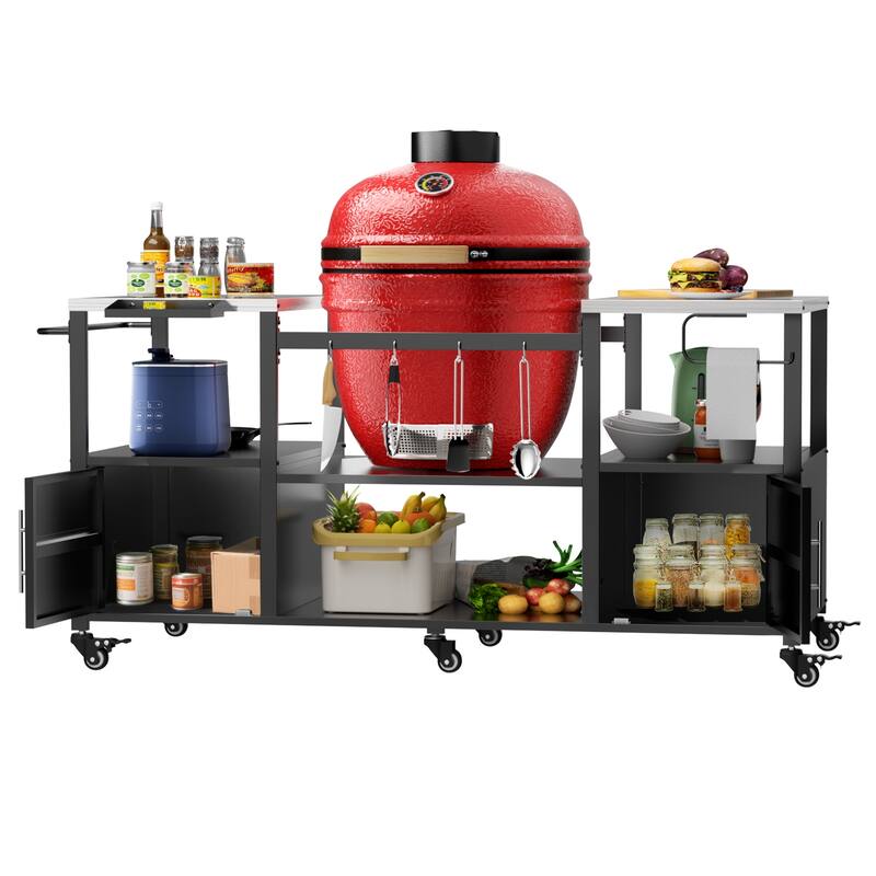 Outdoor BBQ Grill Cart with Storage Box for Kamado Style Grills - 67.1” x 27.7” x 30.5”