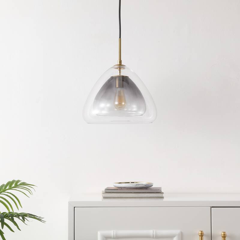 SAFAVIEH Lighting Annkathrin Modern Glam 1-Light Glass Pendant (LED Bulb Included) - Smoke Grey/Brass - 14Wx14Dx76H