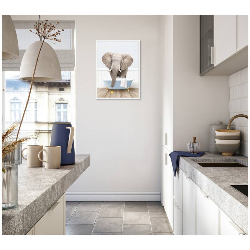 Kate and Laurel Sylvie Elephant Front in Cottage Blue Bathtub Framed Canvas by Amy Peterson