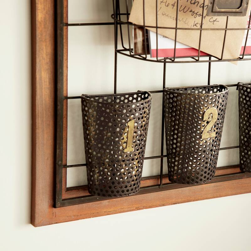 Brown Metal 1 Slot and 5 Baskets Magazine Rack Holder with Suspended Baskets and Label Slot