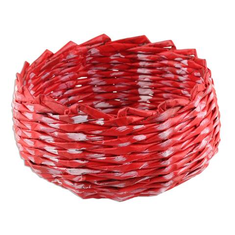 NOVICA Handmade Red And White Recycled Paper Basket