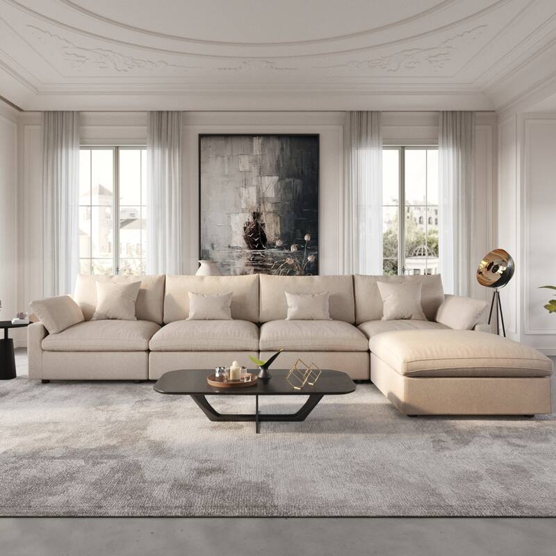 Modular Sectional Sofa Cloud Couch with Ottoman, L Shaped Linen Blend Fabric Minimalist Sectional Sofa for Living Room, Khaki - 4-Seat+Ottoman