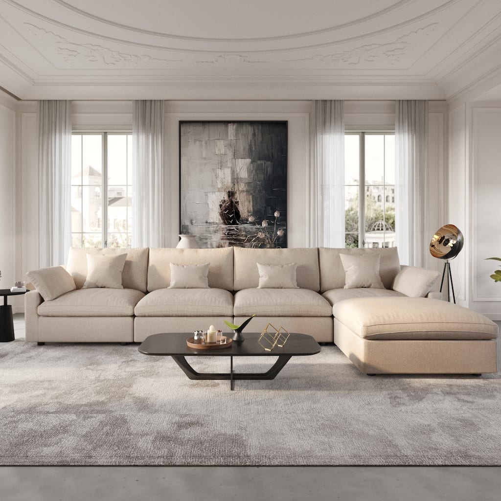 Modular Sectional Sofa Cloud Couch with Ottoman, L Shaped Linen Blend Fabric Minimalist Sectional Sofa for Living Room, Khaki