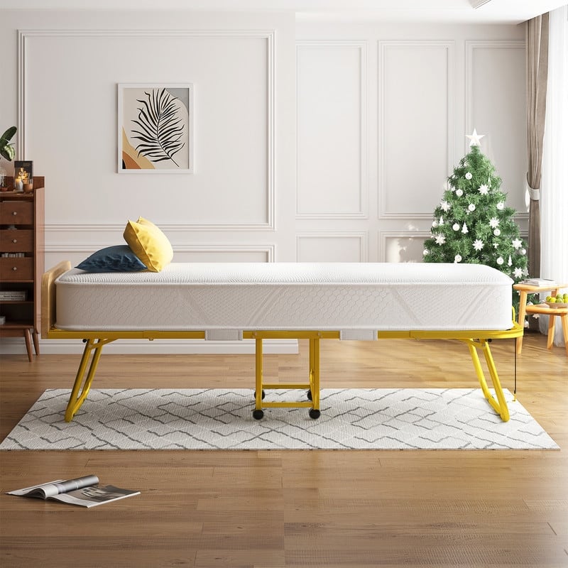 Mixoy Folding Bed with Mattress,Headboard,Dust Cover,Gold Metal Frame
