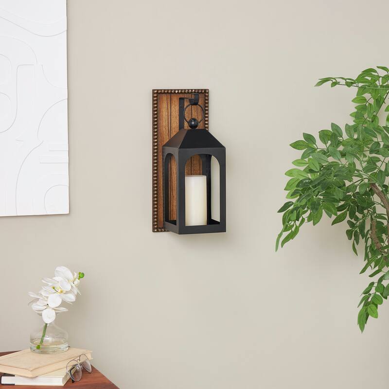 Black Metal Suspended Arched Cutout Wall Sconce with Brown Wood Backing and Beaded Edge - Black - 6"W, 16"H