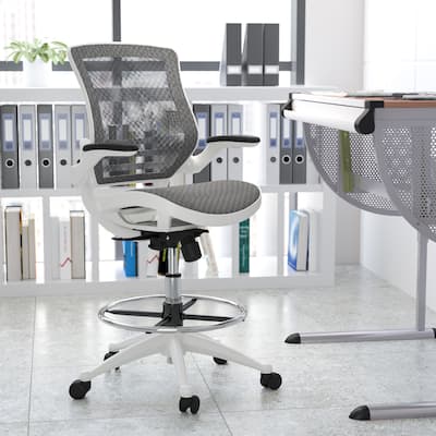 Mid-Back Transparent Mesh Drafting Chair with Flip-Up Arms - Tall Office Chair