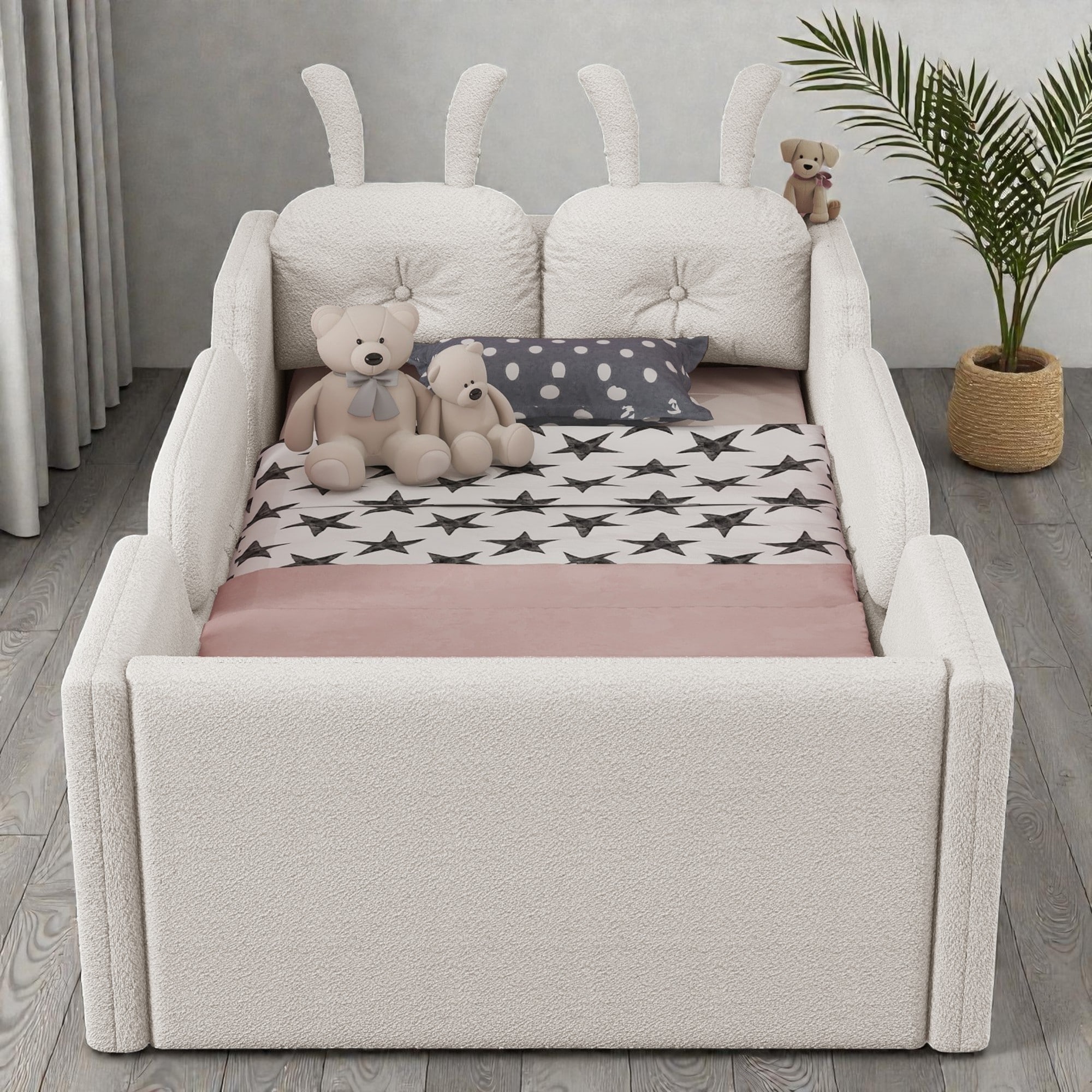 Twin Upholstered Platform Bed with Rabbit Cushions, Kids Floor Bed with Removable Safety Rails and Soft Teddy Fabric