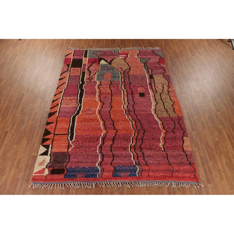 Moroccan Oriental Area Rug Hand-Knotted Abstract Wool Carpet - 8'10" x 12'2"