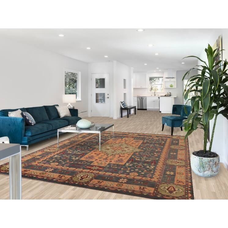 Geometric Kazak Area Rug Handmade Traditional Grey Wool Carpet - 7'9"x 9'9"