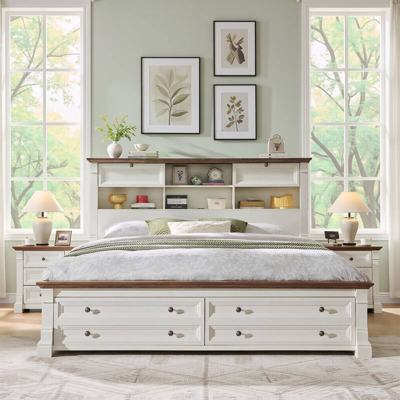 Farmhouse Queen Size Bed Frame with 54" Tall Bookcase Headboard