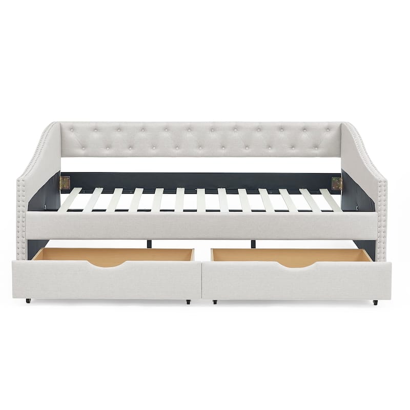 Mid-Century Linen Upholstered Daybed Platform Bed Frame with Storage Drawers, Button Tufted Back and Nailhead Trim Arms
