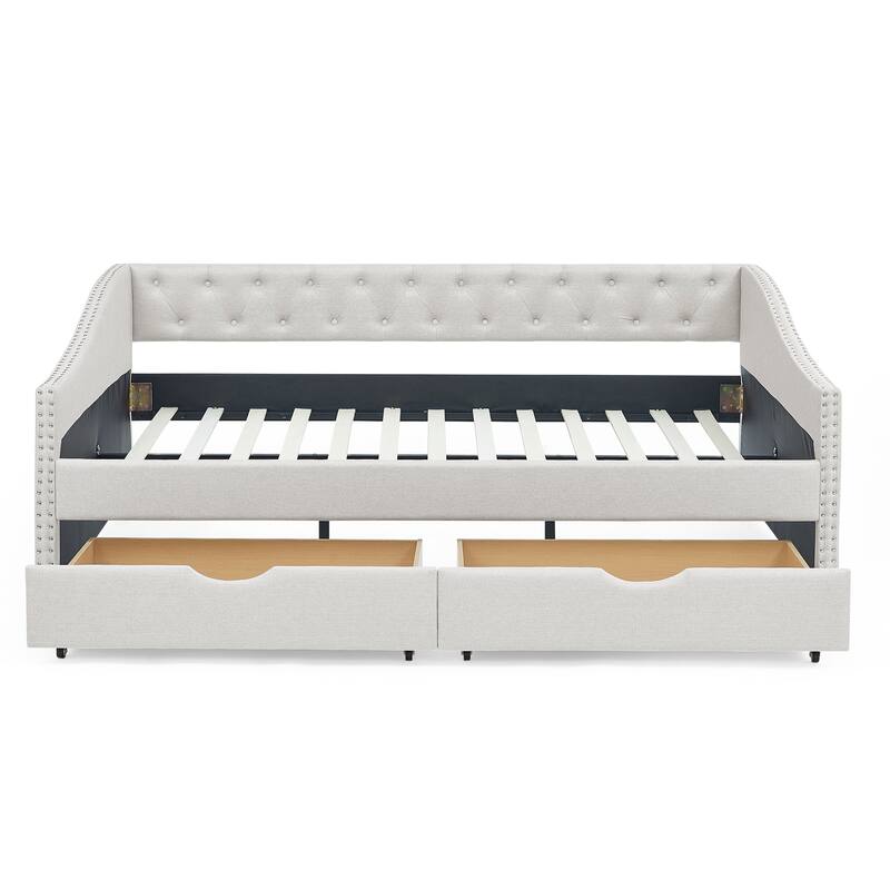 Roomfitters Twin/Full/Queen Upholstered Daybed with Tufted Backrest, Nailhead Trim and Underbed Storage Trundle