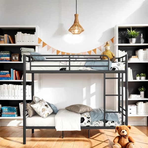 slide 2 of 9, Full Over Full Metal Bunk Bed, Save Space Or Split Into 2 Beds Black
