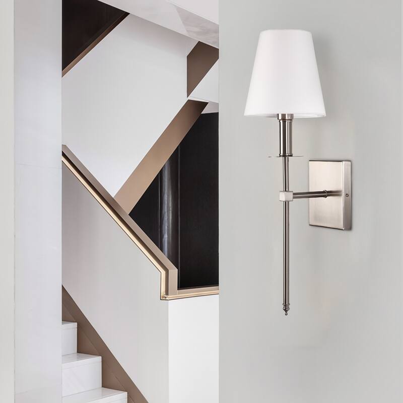 1-Light Wall Sconce with White Fabric Shade - Satin Nickel