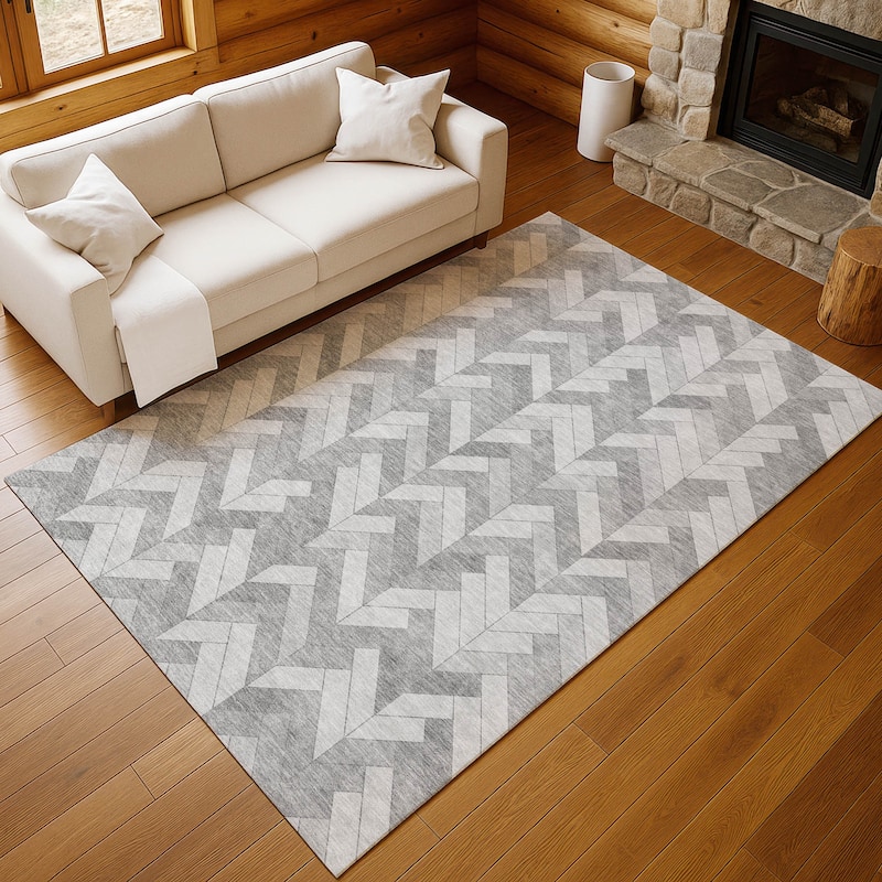 Machine Washable Indoor/ Outdoor Modern Chevron Chantille Rug