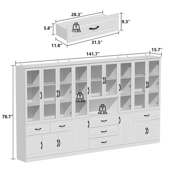 dimension image slide 1 of 6, 78.7"Modular White Curio Bookcase Cabinet w/Glass Doors Buffet Display