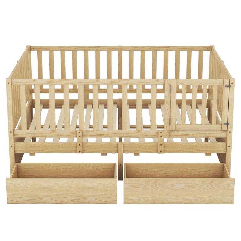 Wood Daybed with Fence Guardrails and 2 Drawers, Split into Independent Floor Bed & Daybed