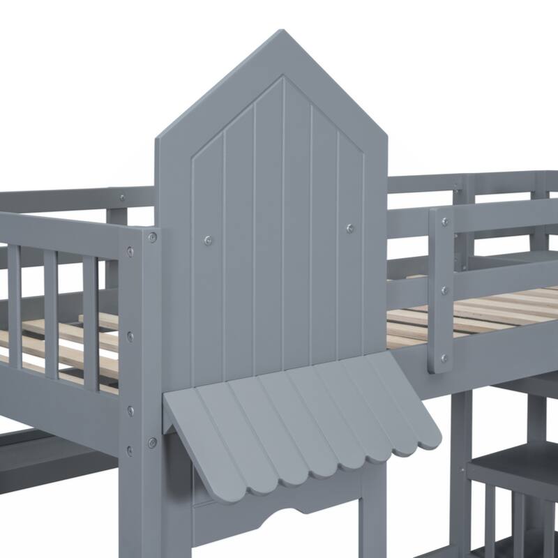 Twin-Over-Twin Castle Style Bunk Bed with 2 Drawers 3 Shelves and Slide