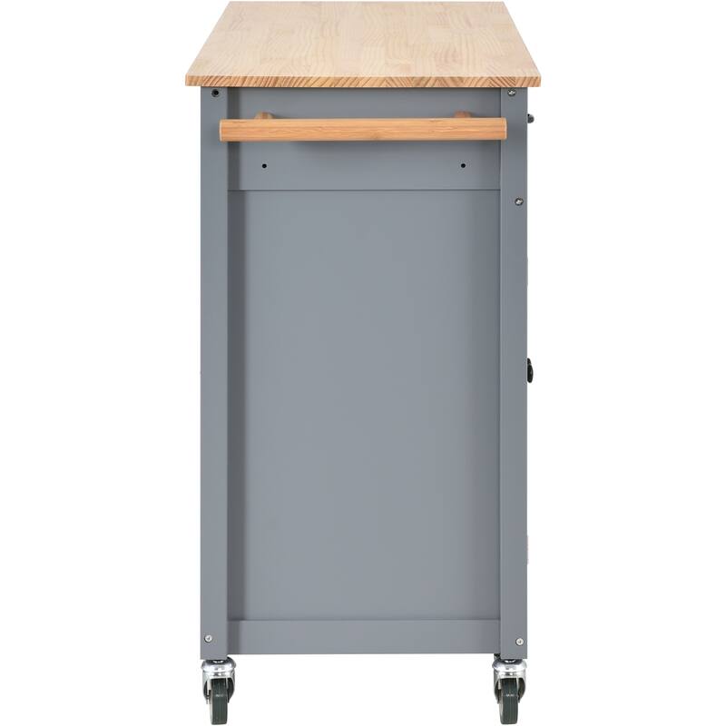Kitchen Island Cart on Wheels with Solid Wood Top, Moveable Island Table with Adjustable Shelves, 4-Door Cabinet & 2 Drawers