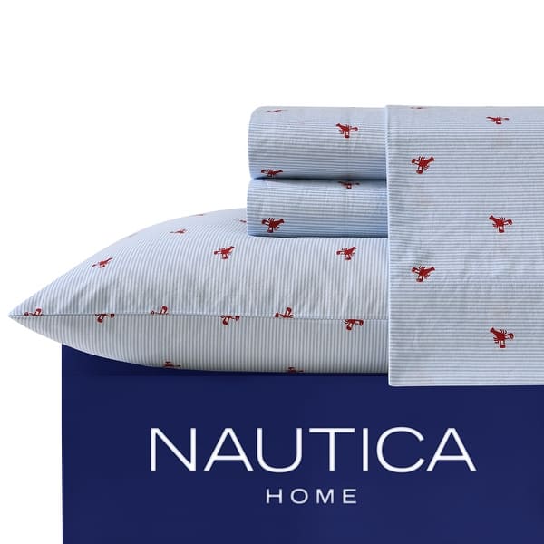 Nautica Cotton Percale Deep Pocket Bed Sheet Sets - King - Lobster Walk Blue