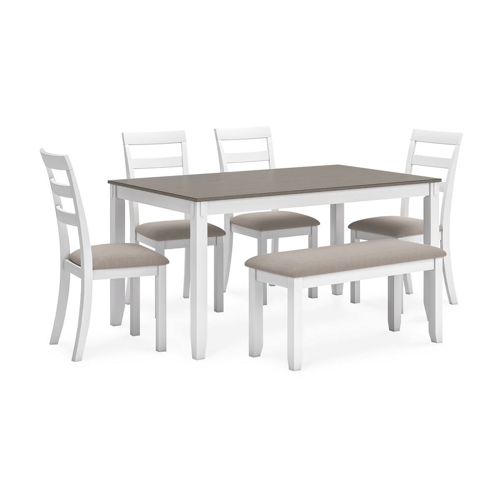 Holls 6pc Dining Table Set, Padded Chairs, Bench, White Gray Hardwood