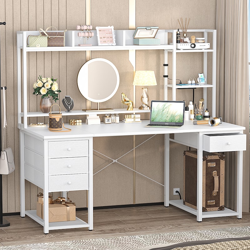 Gaming Desk with Hutch and Drawers, Office Computer Desk with Charge Station and LED Light - 55'' - White