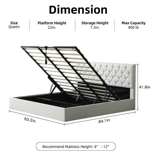 dimension image slide 8 of 9, Plywood Frame Upholstered Platform Bed with Lift-up Storage