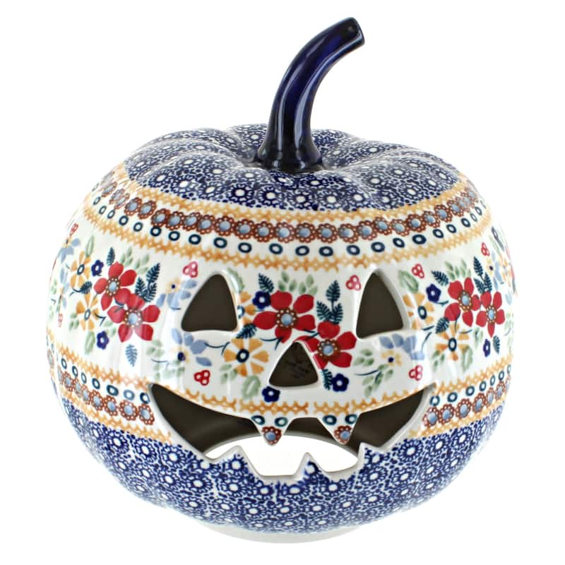 Blue Rose Polish Pottery L022-Manufaktura Large Pumpkin - Red Daisy