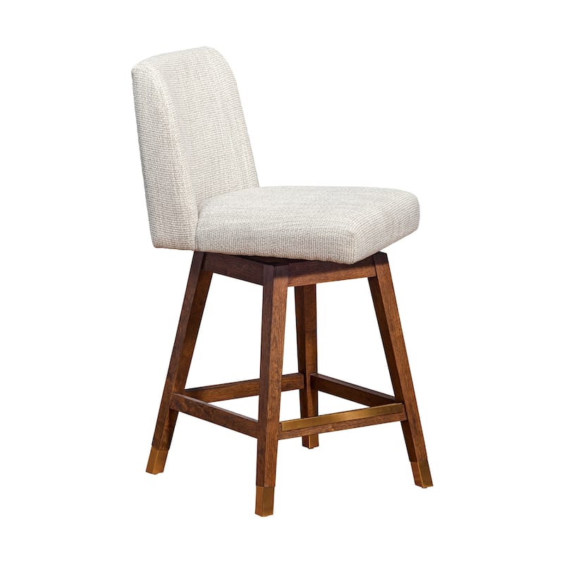 Lia 26 Inch Swivel Counter Stool Chair, Brown Wood Frame, Beige Polyester