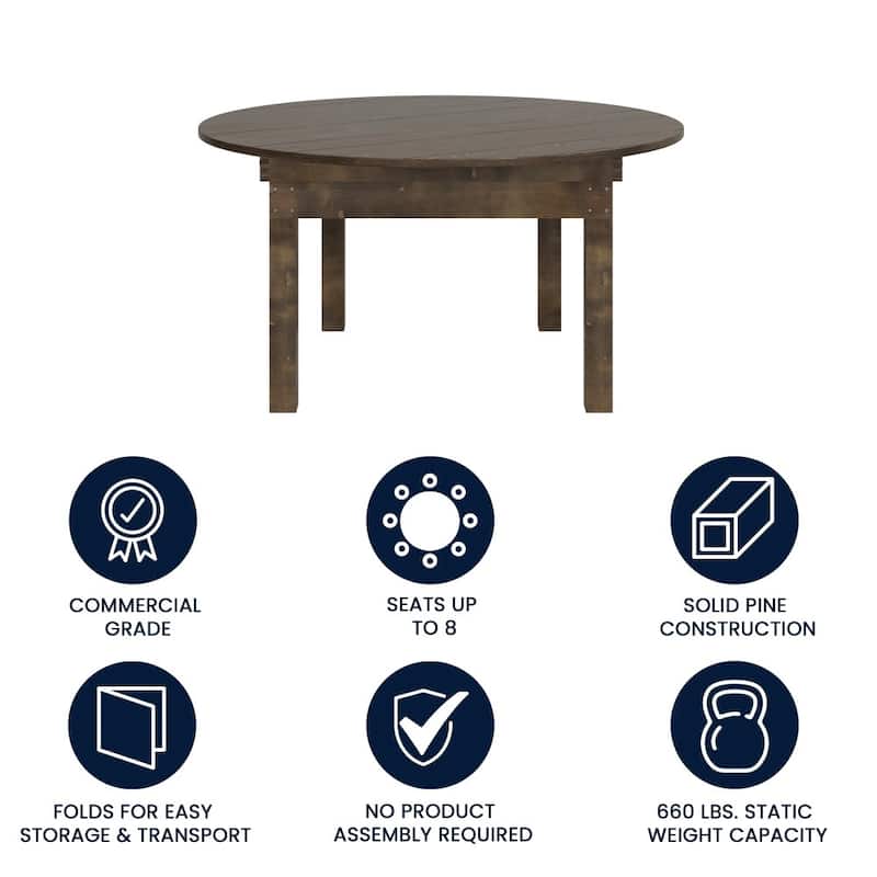 60" Round Antique Rustic Solid Pine Folding Farm Dining Table - 59.75"W x 59.75"D x 30"H