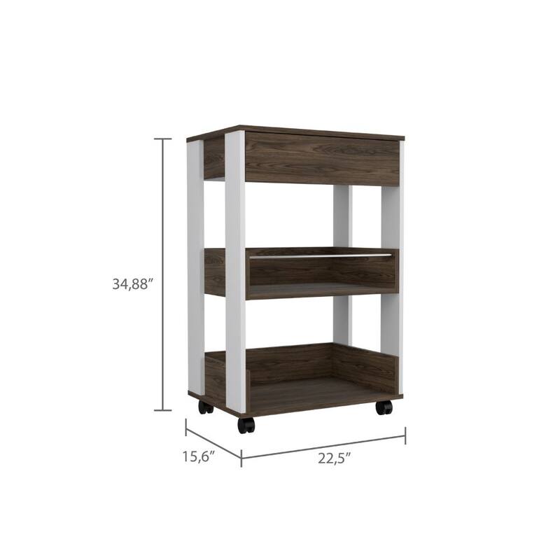 Mobile Kitchen Cart with 3 Shelves & 4 Casters, White & Dark Walnut, Versatile Storage Unit