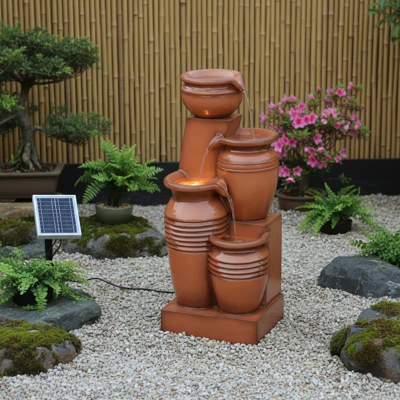 Teamson Home 28.74" 4-Tier Outdoor Fountain with LED Lights, Solar Powered, Weather-Resistant Faux Stone for Garden & Patio