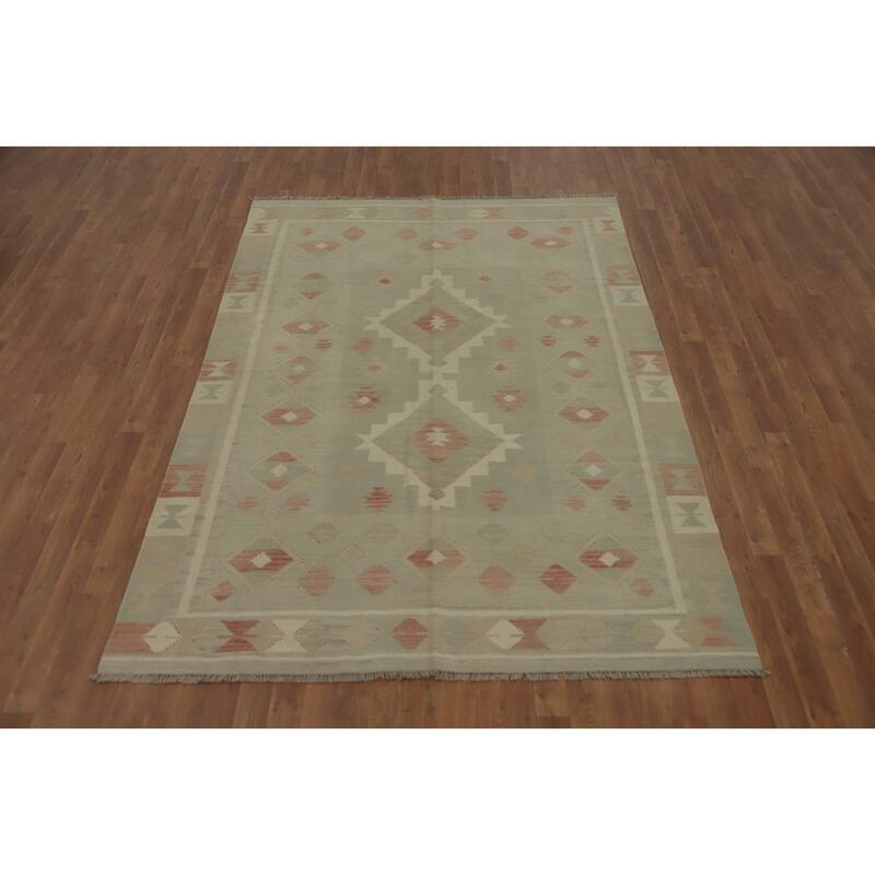 Hand Woven Oriental 100% Wool Carpet Southwestern Tribal Green Kilim Area Rug - 8' 0'' X 5' 8''