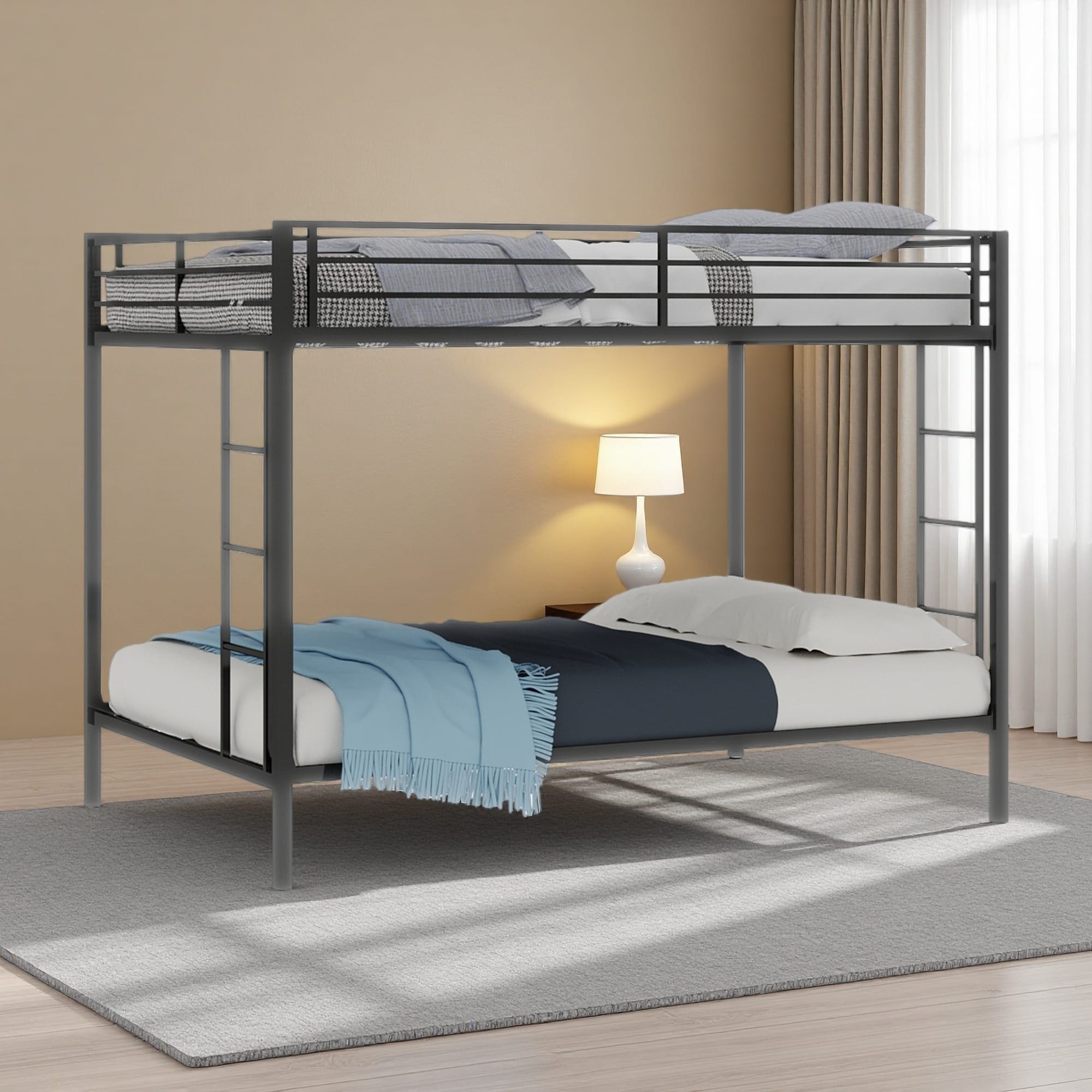 Full over Full Iron Bunk Bed, Square Tube Frame, Dual Side Ladders